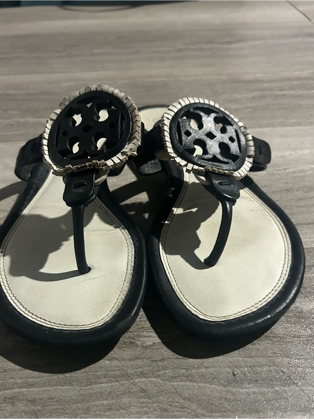 Tory Burch Black and Cream Logo Thong Sandals